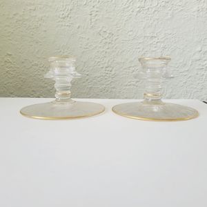 Glass Candleholders Pair Clear Etched Angels Design Round Bases Candlesticks